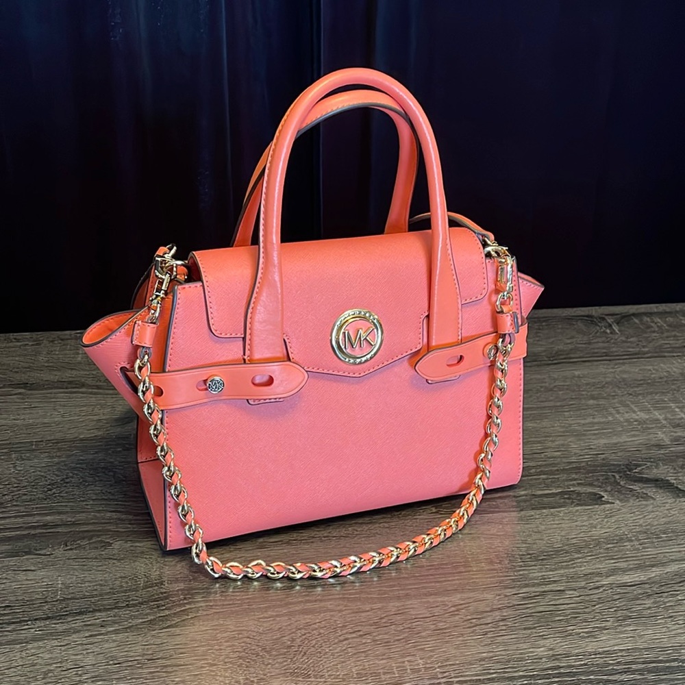 Michael Kors Medium Coral Satchel Crossbody Bag with Chain Detail
